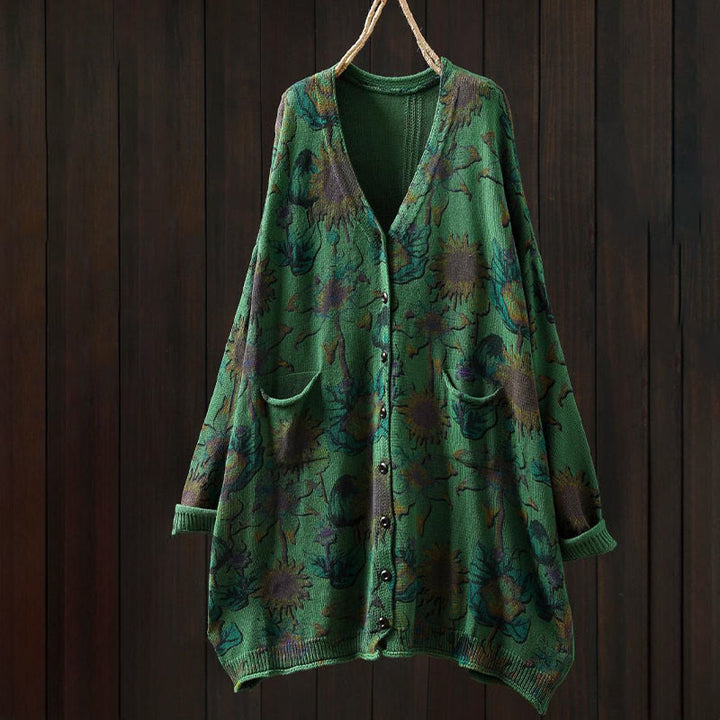 Buddha Stones Sonnenblumen-Strickcardigan für Damen mit langen Ärmeln, langen Ärmeln und Taschen, mittellang mit Knöpfen - image 1