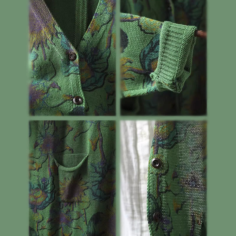 Buddha Stones Sonnenblumen-Strickcardigan für Damen mit langen Ärmeln, langen Ärmeln und Taschen, mittellang mit Knöpfen - image 11