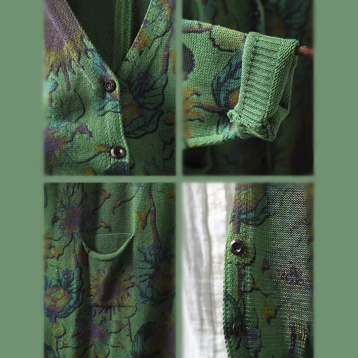 Buddha Stones Sonnenblumen-Strickcardigan für Damen mit langen Ärmeln, langen Ärmeln und Taschen, mittellang mit Knöpfen - image 11