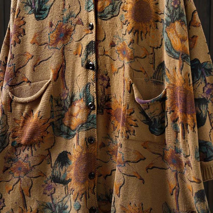 Buddha Stones Sonnenblumen-Strickcardigan für Damen mit langen Ärmeln, langen Ärmeln und Taschen, mittellang mit Knöpfen - image 20