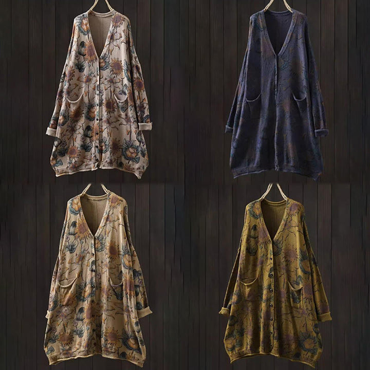 Buddha Stones Sonnenblumen-Strickcardigan für Damen mit langen Ärmeln, langen Ärmeln und Taschen, mittellang mit Knöpfen - image 25