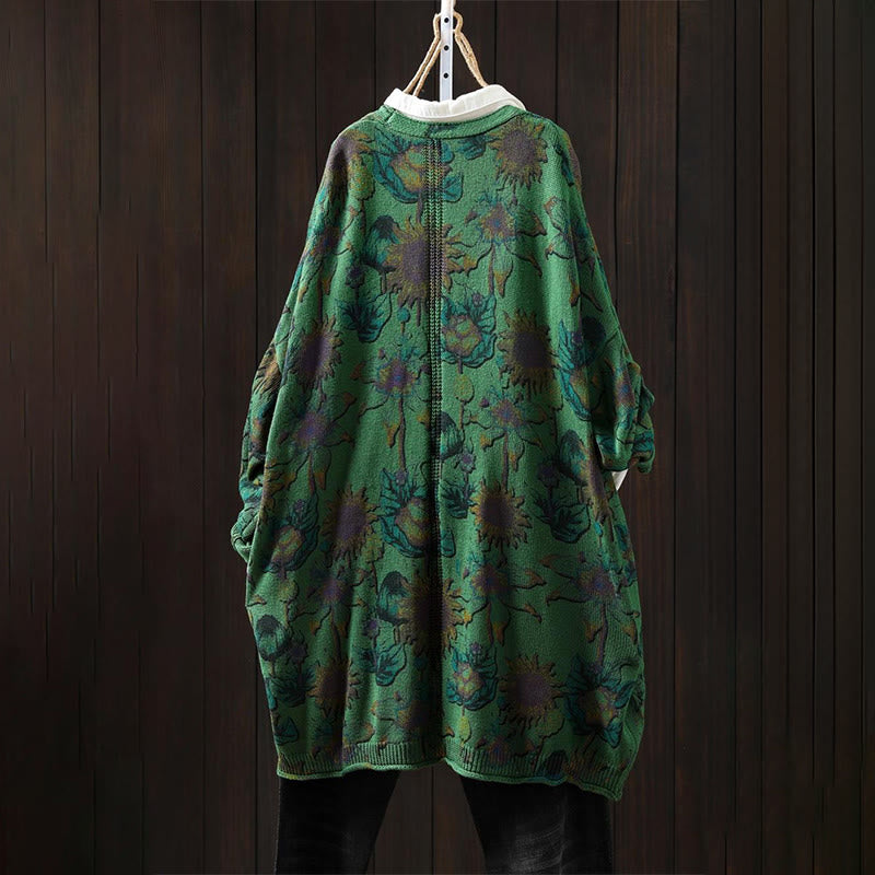 Buddha Stones Sonnenblumen-Strickcardigan für Damen mit langen Ärmeln, langen Ärmeln und Taschen, mittellang mit Knöpfen - image 2