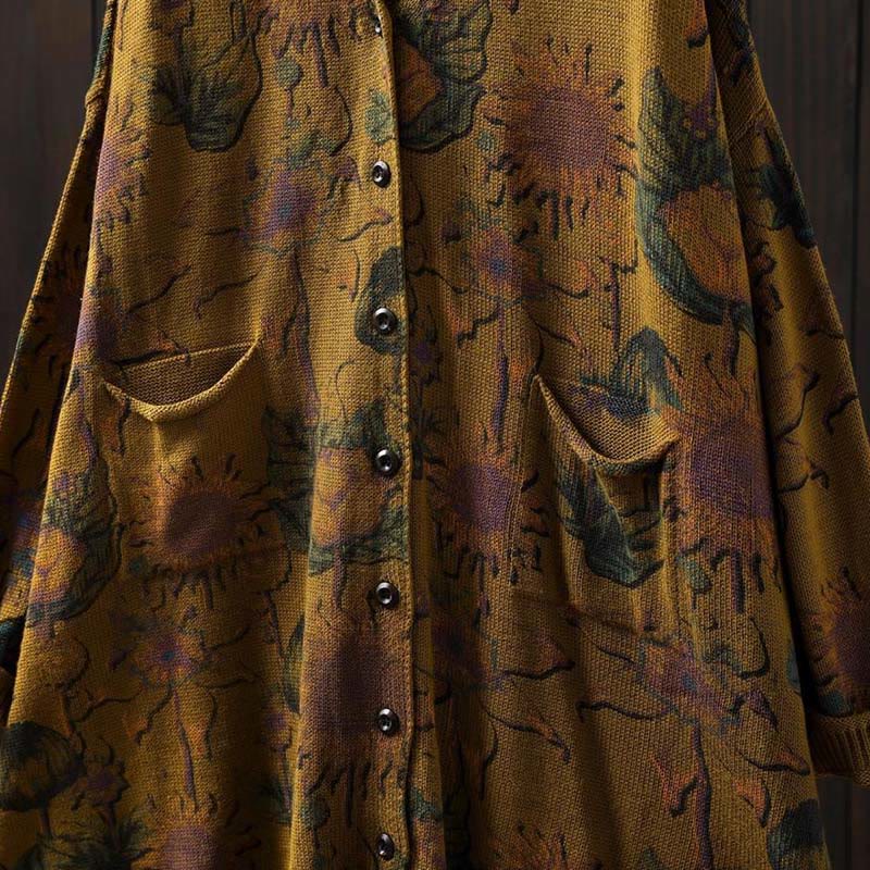 Buddha Stones Sonnenblumen-Strickcardigan für Damen mit langen Ärmeln, langen Ärmeln und Taschen, mittellang mit Knöpfen - image 16