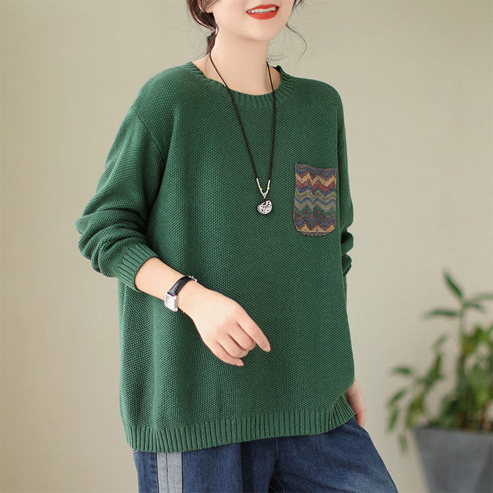 Buddha Stones ​​Herbstblumenmuster, dekoratives Taschenmuster, Strickpullover aus Baumwolle für Damen, langärmlig - SeaGreen - US4-6, UK/AU8-10, EU36-38 (F) - image 0