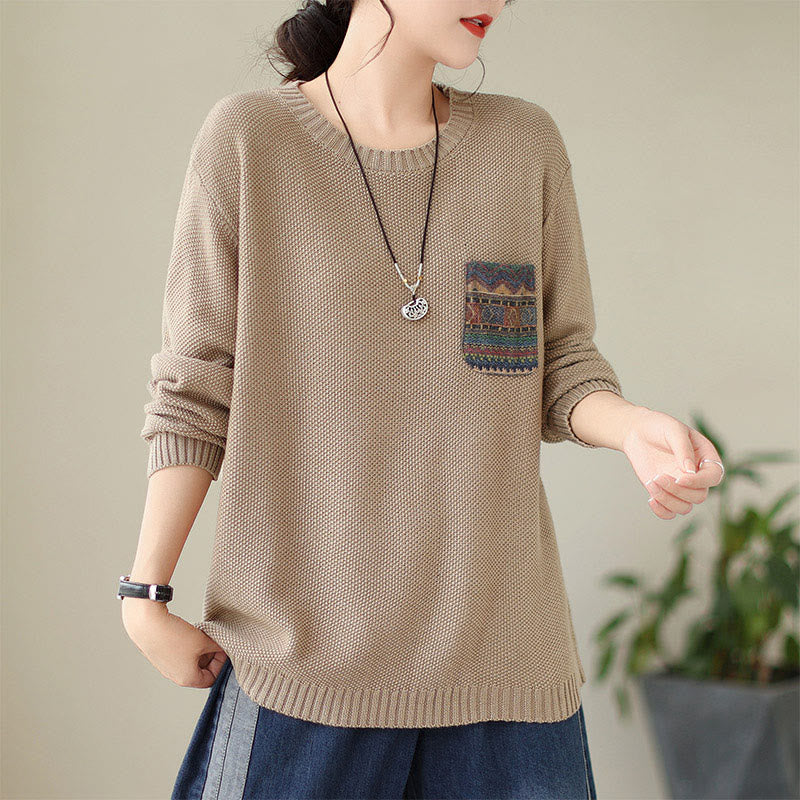 Buddha Stones ​​Herbstblumenmuster, dekoratives Taschenmuster, Strickpullover aus Baumwolle für Damen, langärmlig - Weizen - US4-6, UK/AU8-10, EU36-38 (F) - image 3