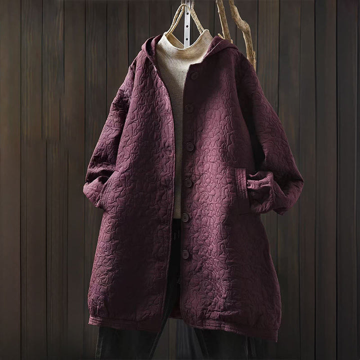 Buddha Stones Herbstknöpfe Langarm Mid-lange Jacquard-Baumwolljacke für Damen mit Taschen - Mittelviolettrot - US12, UK/AU16, EU44 (XL) - image 0
