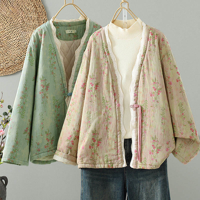 Winterliche Damen-Thermojacke aus Baumwolle mit Buddha Stones, Spitzen-Patchworkmuster, langen Ärmeln und Taschen - image 0