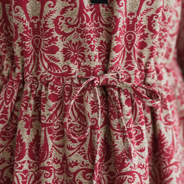 Buddha Stones Ethno-bedrucktes Baumwoll-Midikleid mit Kordelzug, langen Ärmeln und Taschen - image 14