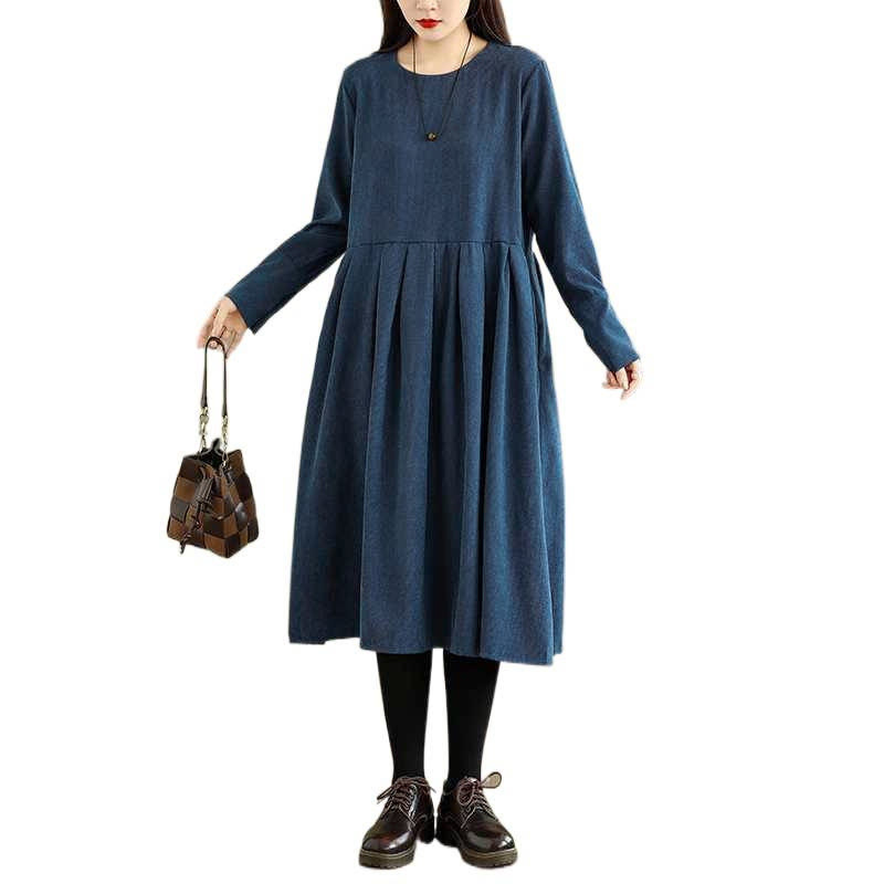 Buddha Stones Herbst Einfarbiges dunkelblaues Cord-Midikleid mit langen Ärmeln und Taschen - image 16
