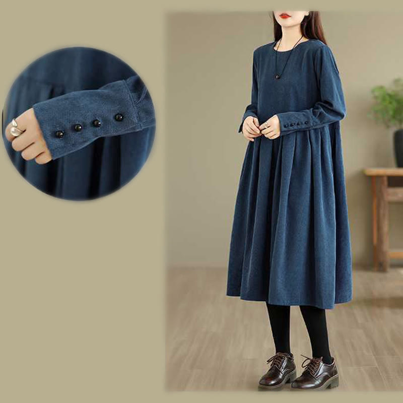 Buddha Stones Herbst Einfarbiges dunkelblaues Cord-Midikleid mit langen Ärmeln und Taschen - image 13