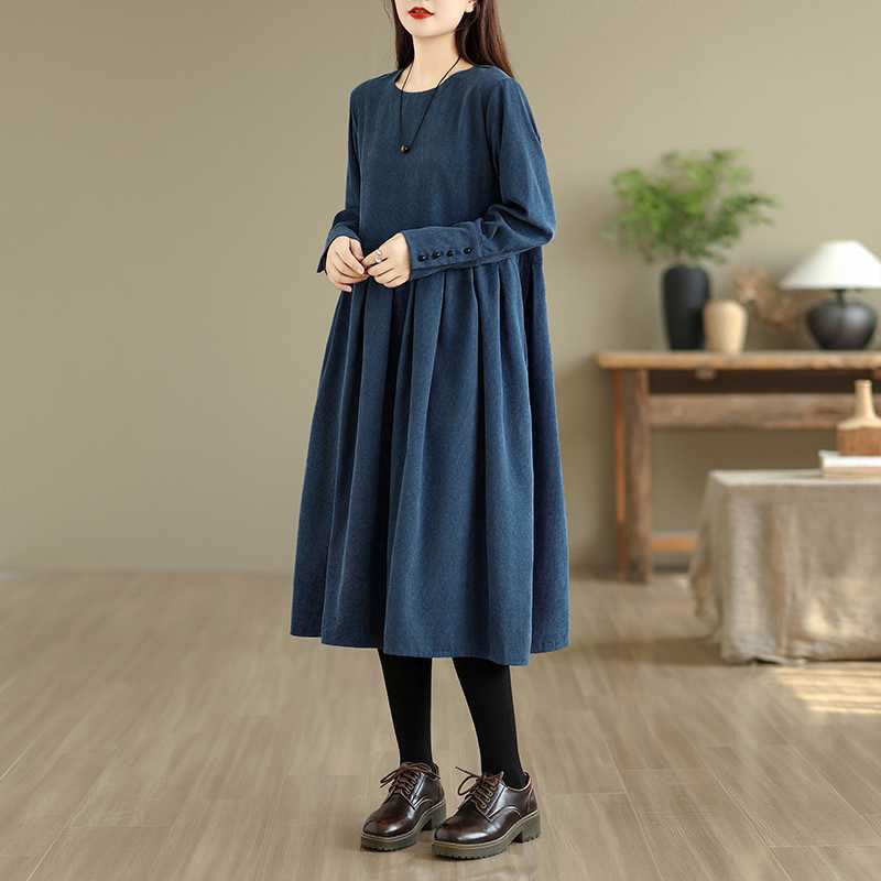 Buddha Stones Herbst Einfarbiges dunkelblaues Cord-Midikleid mit langen Ärmeln und Taschen - image 5