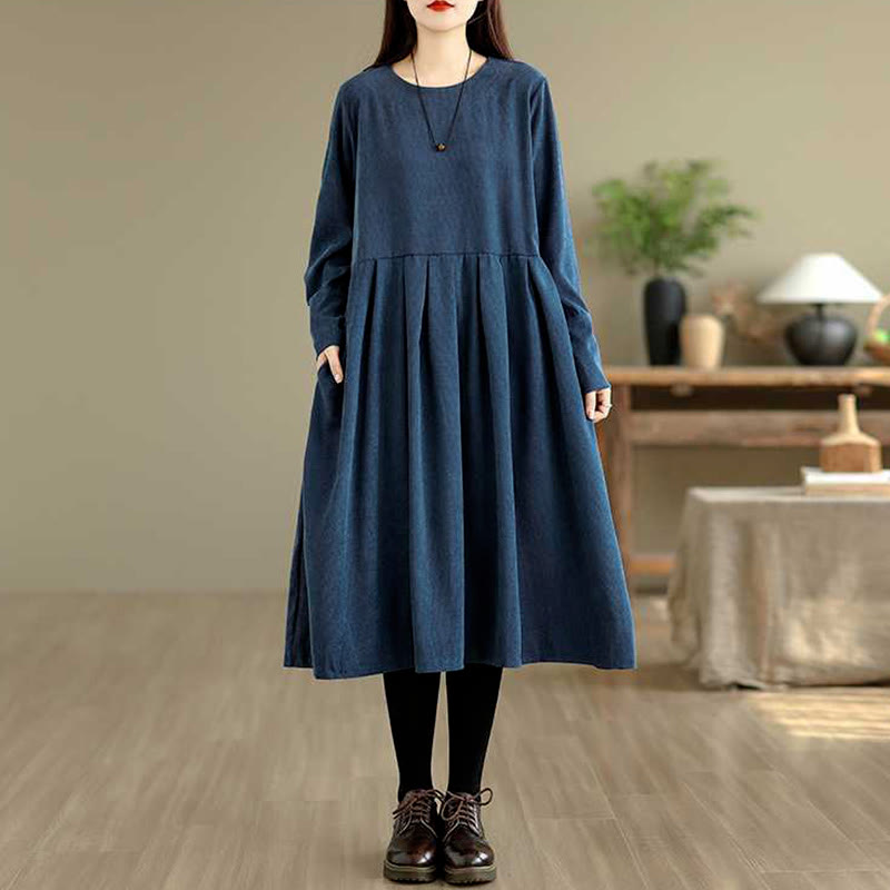 Buddha Stones Herbst Einfarbiges dunkelblaues Cord-Midikleid mit langen Ärmeln und Taschen - image 1