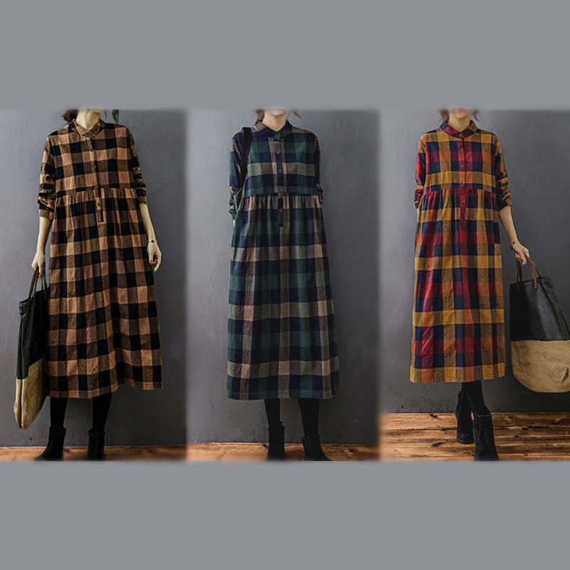 Buddha Stones Commute Patchwork Color Plaid Langarm-Baumwoll-Midikleid - image 22