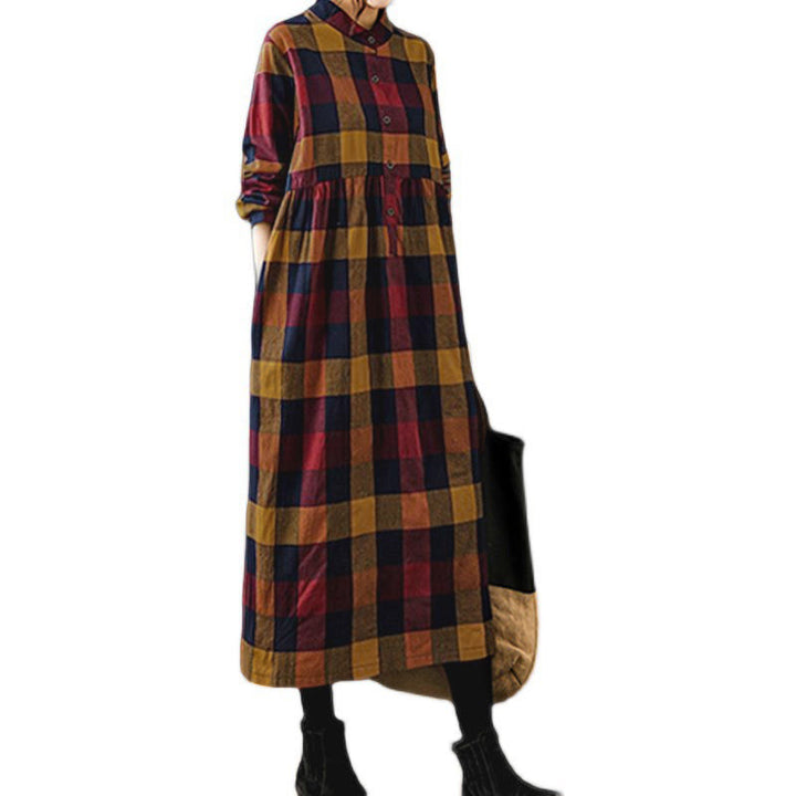 Buddha Stones Commute Patchwork Color Plaid Langarm-Baumwoll-Midikleid - image 21