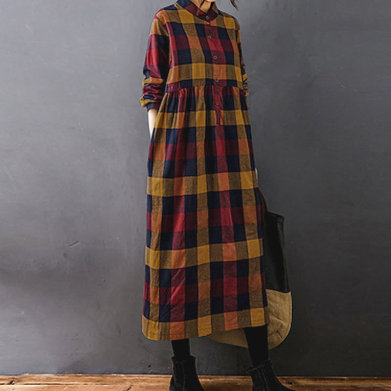Buddha Stones Commute Patchwork Color Plaid Langarm-Baumwoll-Midikleid - image 18