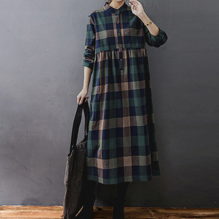 Buddha Stones Commute Patchwork Color Plaid Langarm-Midikleid - image 2