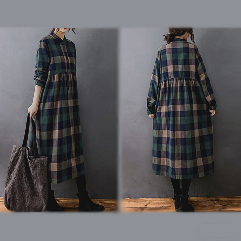 Buddha Stones Commute Patchwork Color Plaid Langarm-Baumwoll-Midikleid - image 4