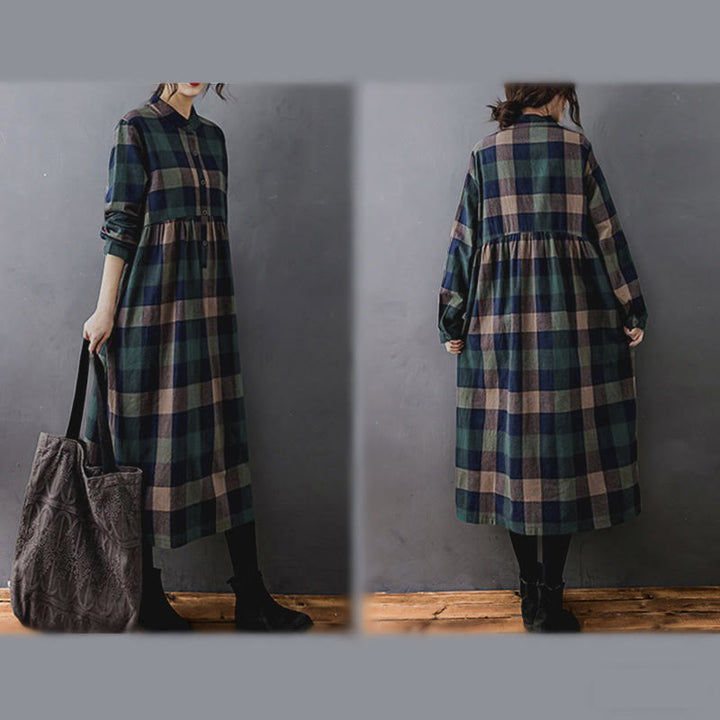 Buddha Stones Commute Patchwork Color Plaid Langarm-Baumwoll-Midikleid - image 4