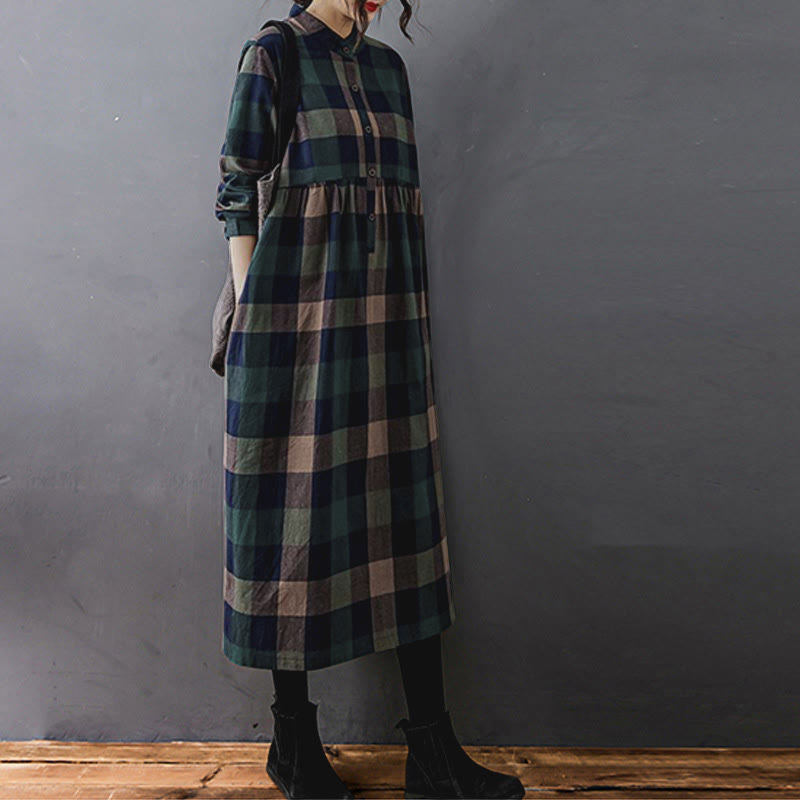 Buddha Stones Commute Patchwork Color Plaid Langarm-Baumwoll-Midikleid - image 1