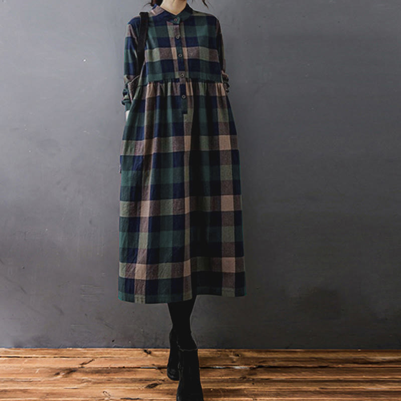 Buddha Stones Commute Patchwork Color Plaid Langarm-Baumwoll-Midikleid - image 3