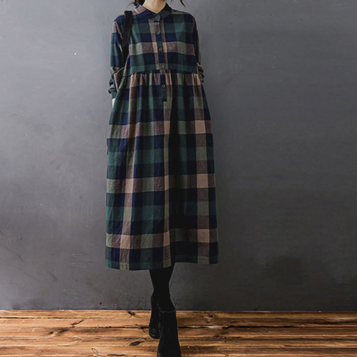 Buddha Stones Commute Patchwork Color Plaid Langarm-Baumwoll-Midikleid - image 3