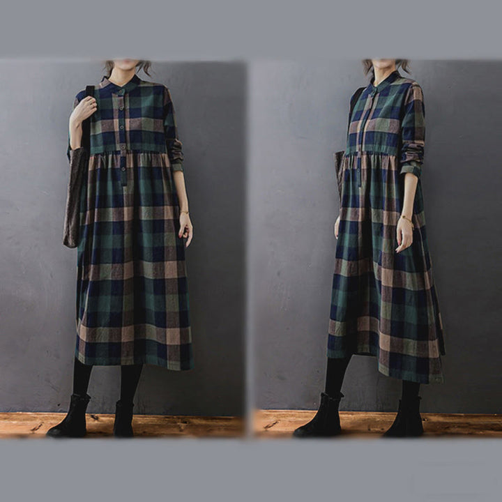 Buddha Stones Commute Patchwork Color Plaid Langarm-Baumwoll-Midikleid - image 5