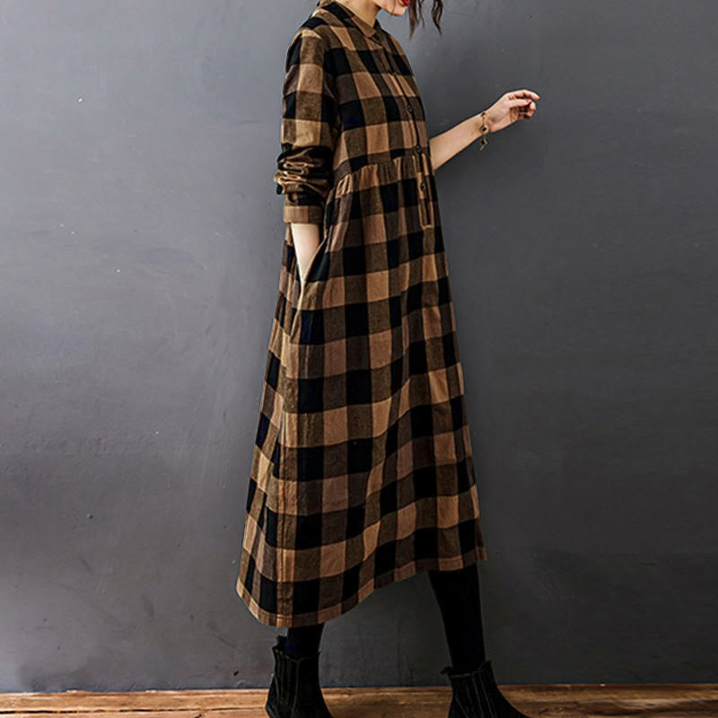 Buddha Stones Commute Patchwork Color Plaid Langarm-Baumwoll-Midikleid - image 8