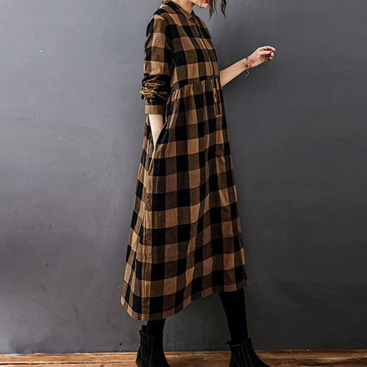 Buddha Stones Commute Patchwork Color Plaid Langarm-Baumwoll-Midikleid - image 8