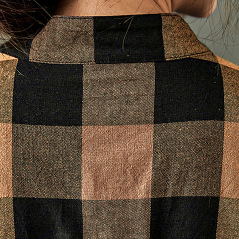 Buddha Stones Commute Patchwork Color Plaid Langarm-Baumwoll-Midikleid - image 10