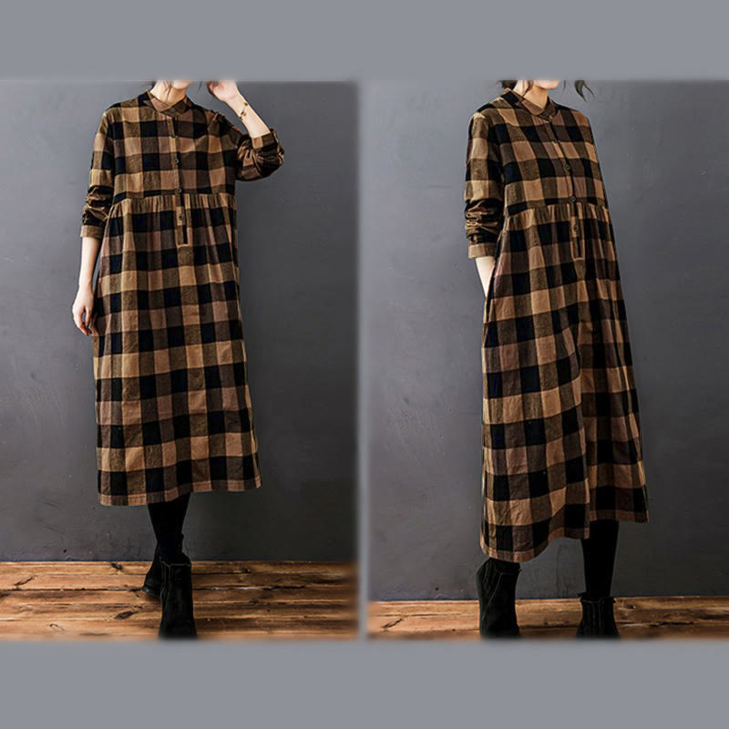 Buddha Stones Commute Patchwork Color Plaid Langarm-Midikleid - image 14