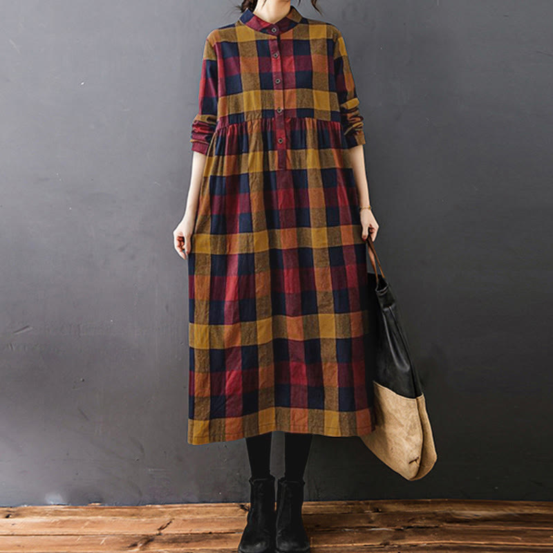 Buddha Stones Commute Patchwork Color Plaid Langarm-Baumwoll-Midikleid - image 16