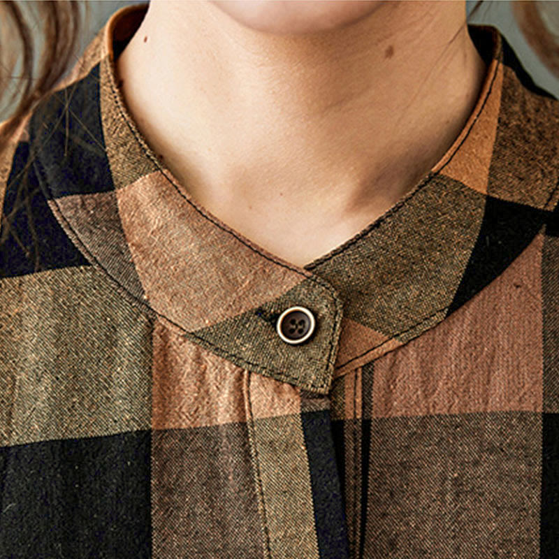 Buddha Stones Commute Patchwork Color Plaid Langarm-Baumwoll-Midikleid - image 9
