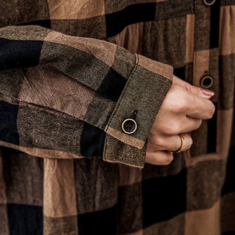 Buddha Stones Commute Patchwork Color Plaid Langarm-Baumwoll-Midikleid - image 11