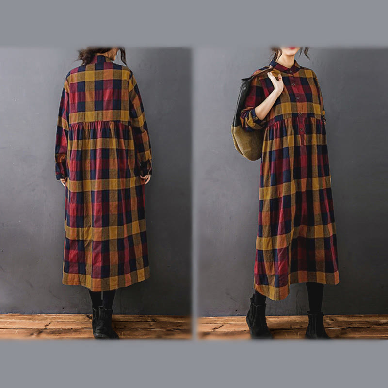 Buddha Stones Commute Patchwork Color Plaid Langarm-Baumwoll-Midikleid - image 20