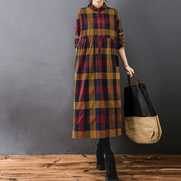 Buddha Stones Commute Patchwork Color Plaid Langarm-Baumwoll-Midikleid - image 17