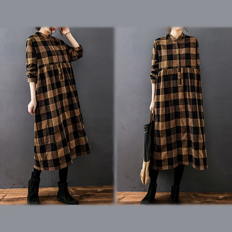 Buddha Stones Commute Patchwork Color Plaid Langarm-Baumwoll-Midikleid - image 13