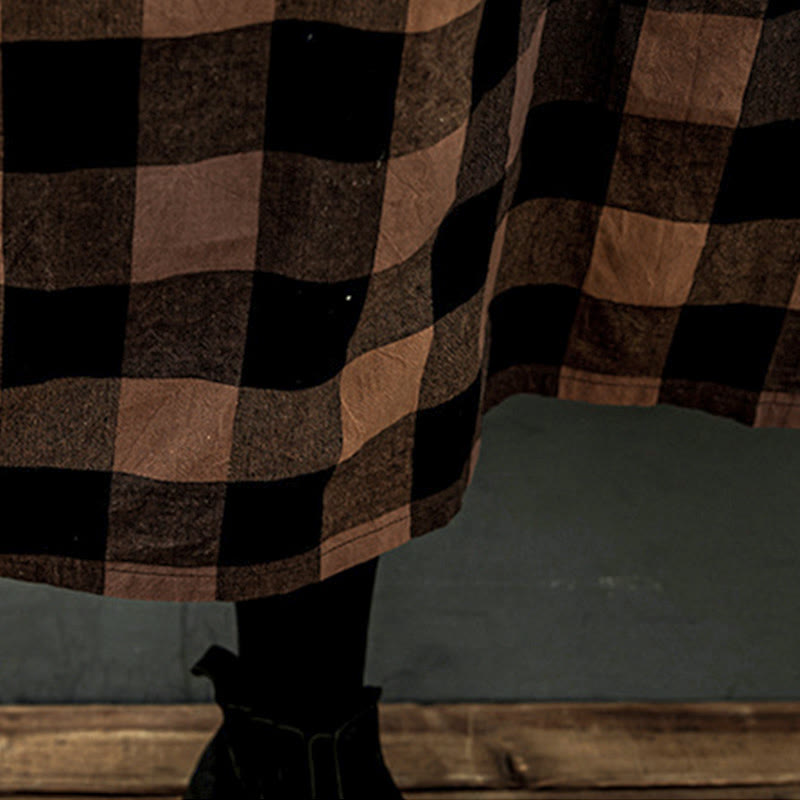 Buddha Stones Commute Patchwork Color Plaid Langarm-Baumwoll-Midikleid - image 12