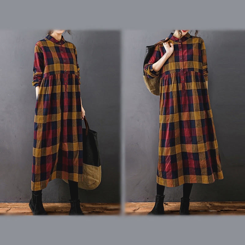Buddha Stones Commute Patchwork Color Plaid Langarm-Midikleid - image 19