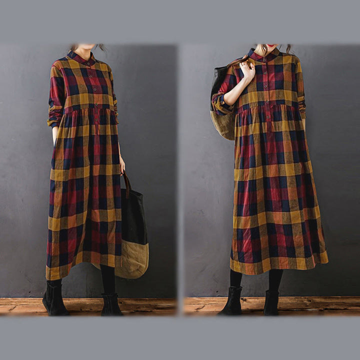 Buddha Stones Commute Patchwork Color Plaid Langarm-Midikleid - image 19