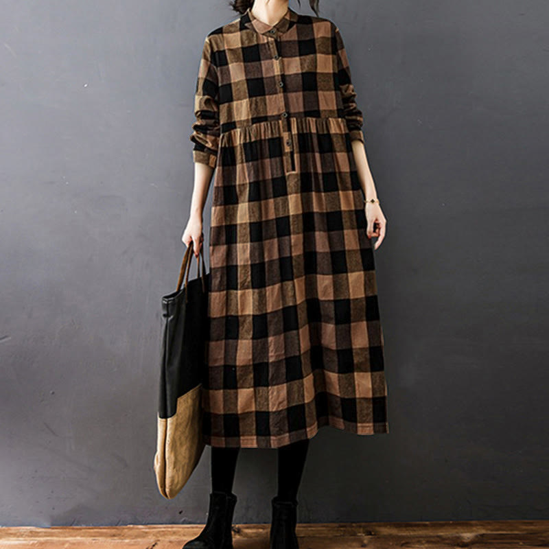 Buddha Stones Commute Patchwork Color Plaid Langarm-Midikleid - image 7