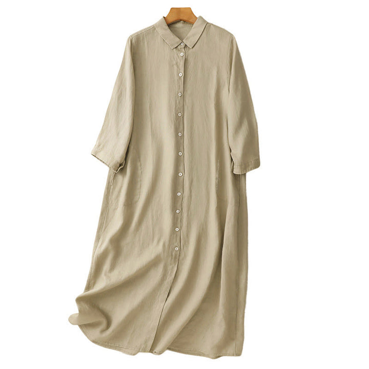 Buddha Stones Herbst-Pendlerkleid, schlichtes Knopfdesign, langärmeliges Baumwoll-Midikleid mit Taschen - image 17