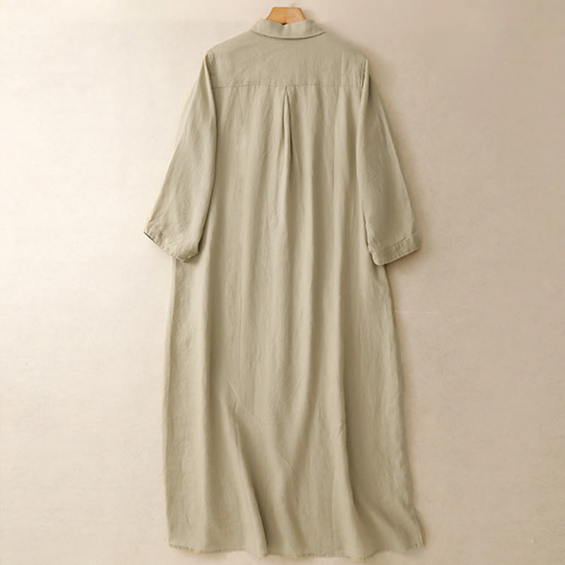 Buddha Stones Herbst-Pendlerkleid, schlichtes Knopfdesign, langärmeliges Baumwoll-Midikleid mit Taschen - image 10