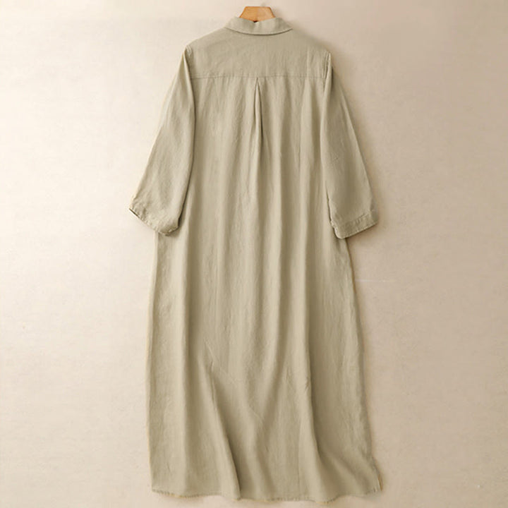 Buddha Stones Herbst-Pendlerkleid, schlichtes Knopfdesign, langärmeliges Baumwoll-Midikleid mit Taschen - image 10
