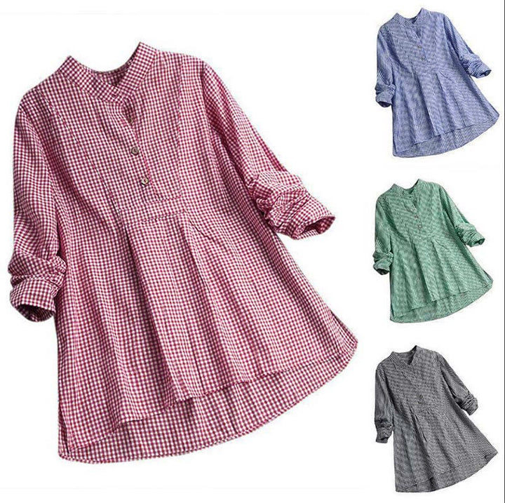 Buddha Stones Damen-Langarmhemd mit Knöpfen und Karomuster - image 17