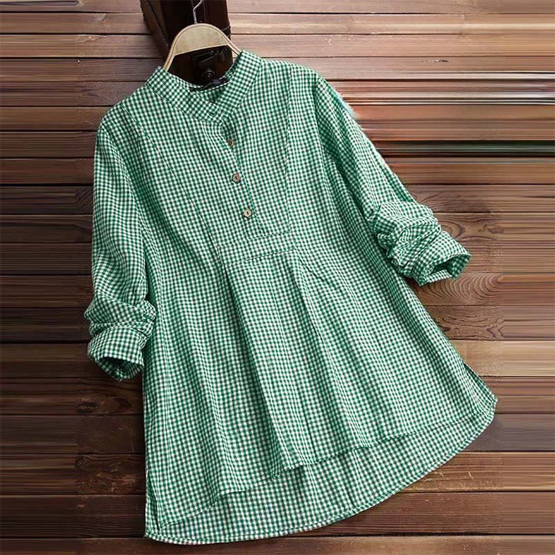 Buddha Stones Damen-Langarmhemd mit Knöpfen und Karomuster - image 10