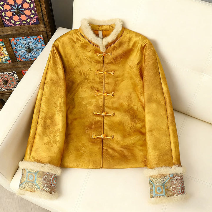 Damen-Langarmjacke mit Buddha Stones, Froschknopfverschluss und traditionellen chinesischen Mustern, dick gefüttert  - Gold - US12, UK/AU16, EU44 (3XL) - image 0