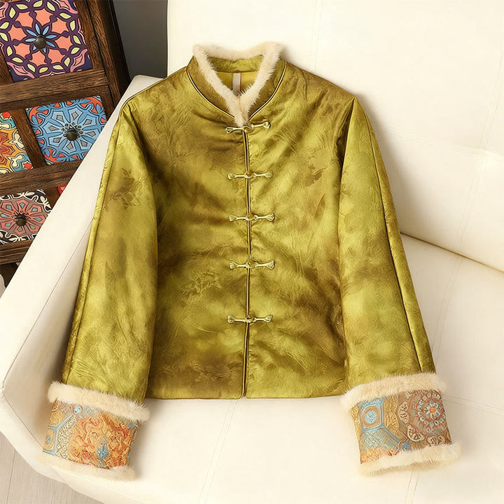Damen-Langarmjacke mit Buddha Stones, Froschknopfverschluss und traditionellen chinesischen Mustern, dick gefüttert  - Gelbgrün - US12, UK/AU16, EU44 (3XL) - image 9