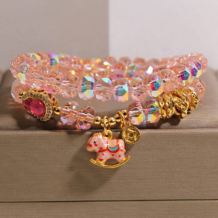 Buddha Stones ​​Chinesisches Tierkreiszeichen Jahr des Pferdes Kristallglas Kupfermünze Kürbis Doppelwickelarmband - Rosa (Handgelenkumfang: 14-15 cm) - image 0
