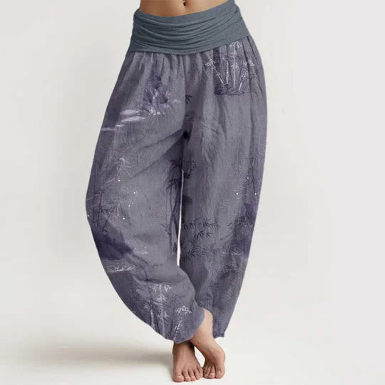 Buddha Stones, Baumwolle, lässige Haremshose mit Bambus- und Steinmotiv, Tuschemalerei, elastischer Bund für Damen - Schiefergrau - US22, UK/AU26, EU54 (6XL) - image 0