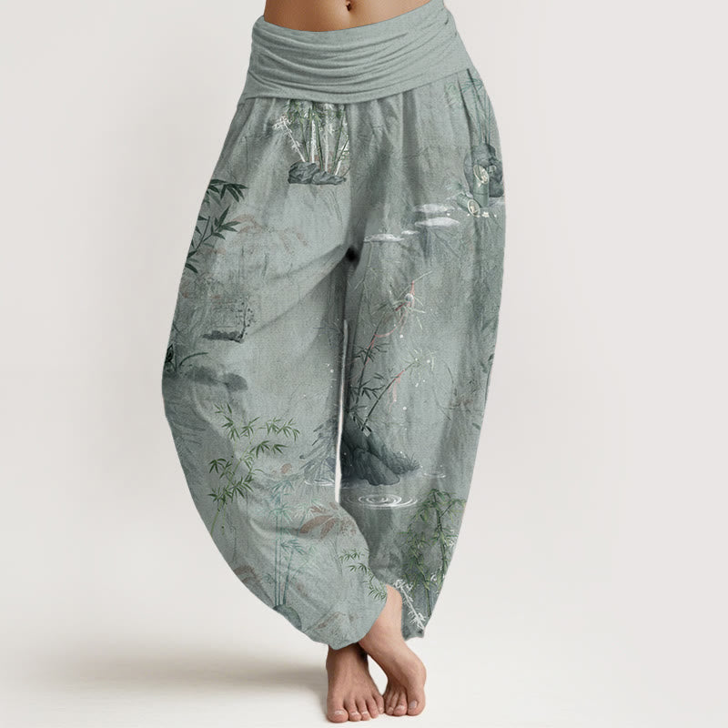 Buddha Stones, Baumwolle, lässige Haremshose mit Bambus- und Steinmotiv, Tuschemalerei, elastischer Bund für Damen - Dunkelseegrün - US22, UK/AU26, EU54 (6XL) - image 7